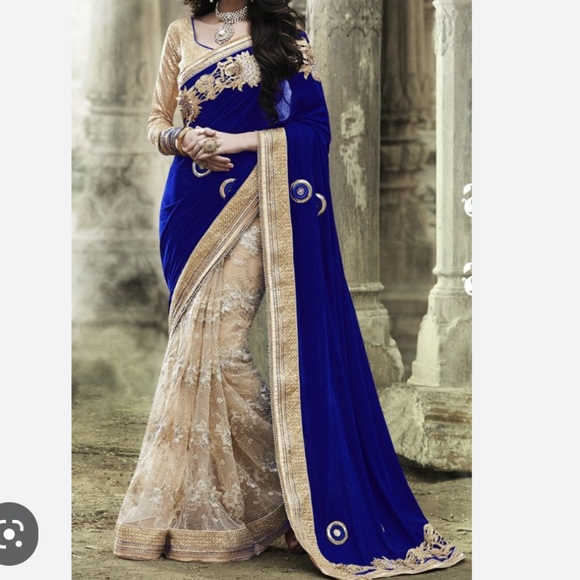 Other - DESIGNER Rose gold & pearl Lace & Velvet embroidered half & half saree W/ Blouse